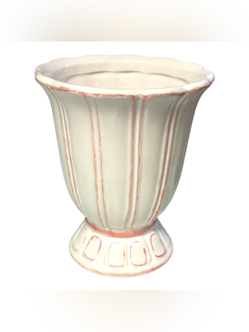 Bloom-Rite Pottery White/Rosy Stripe Tabletop Pedestal Urn Vase Planter USA